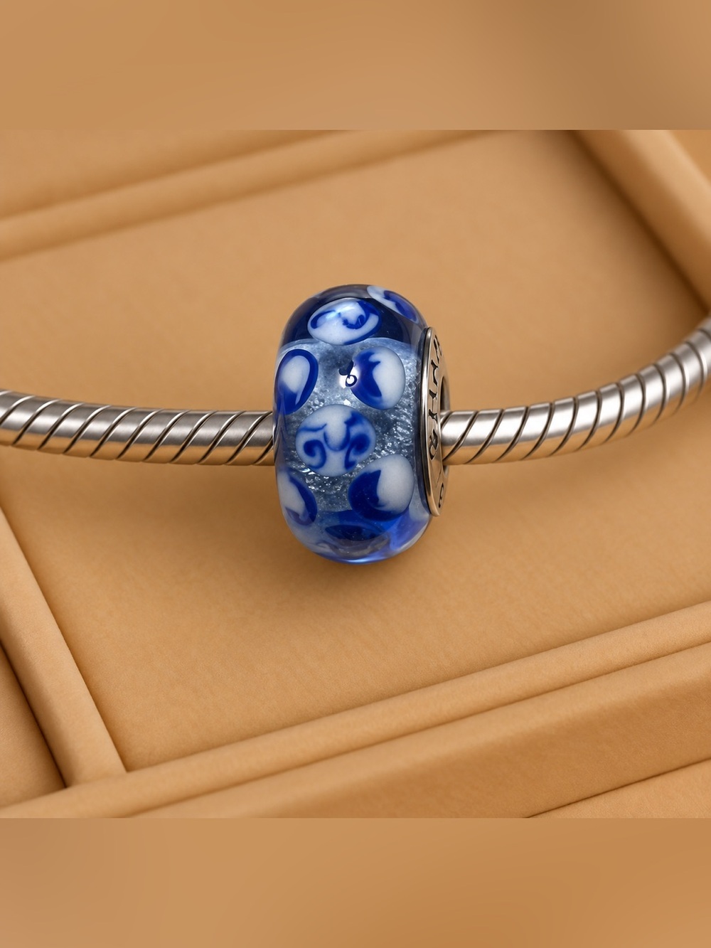 Chamilia 925 Silver Core Blue Floral Murano Glass Bead Charm EUC CHAMILIA #290